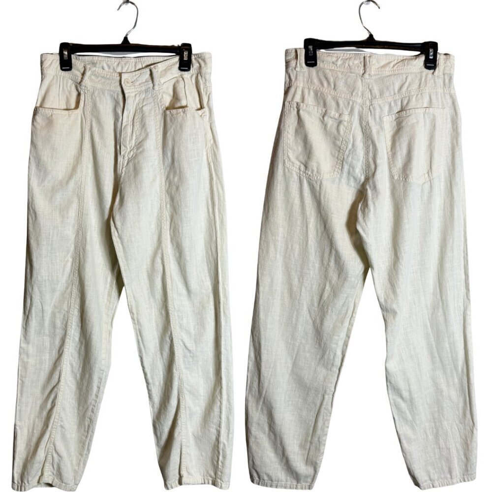Zara Linen Straight Leg Pants Womens 31 Ivory Lagenlook Minimalist Beach Coastal